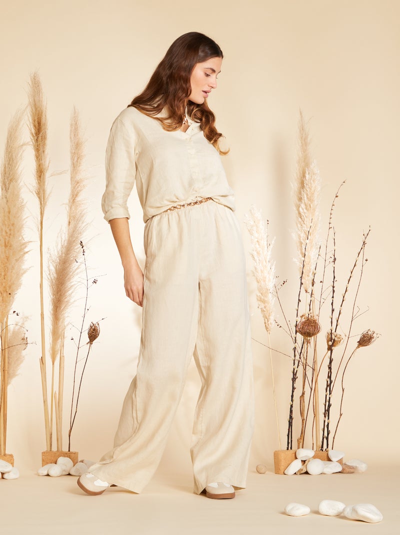 Chemise ample en lin à manches longues Beige - Kiabi