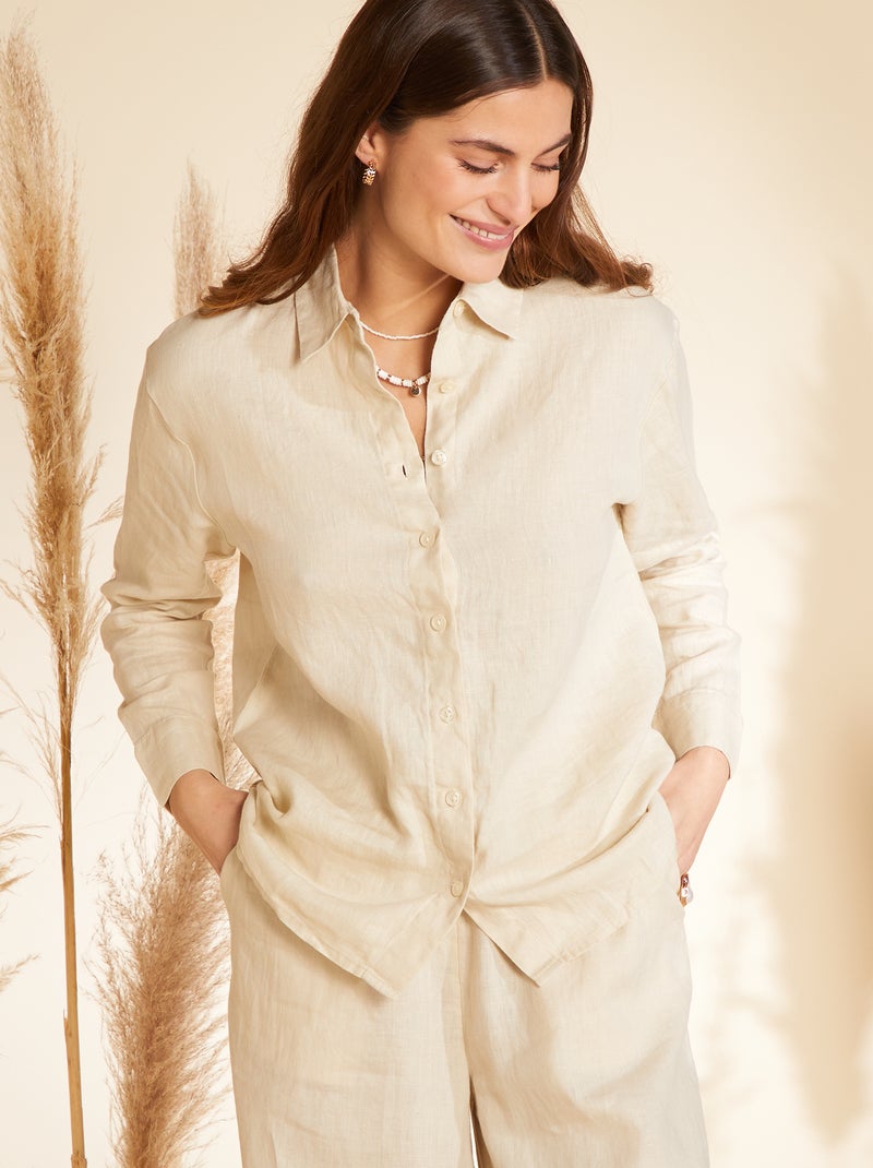 Chemise ample en lin à manches longues Beige - Kiabi