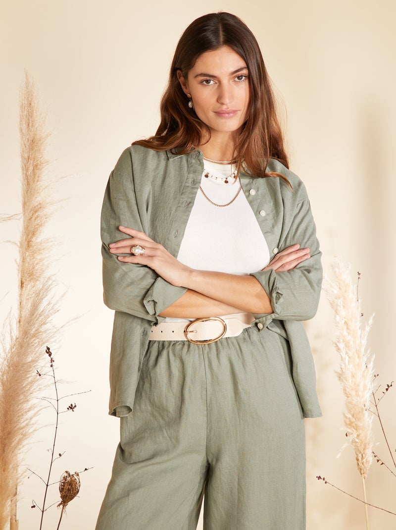 Chemise ample en lin à manches longues Kaki - Kiabi
