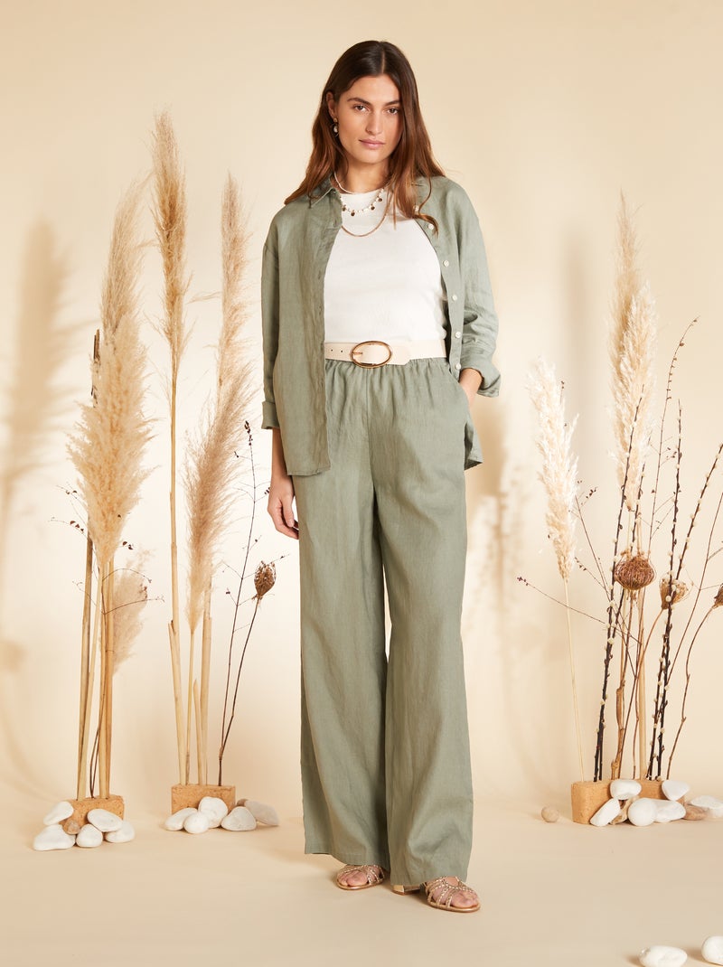 Chemise ample en lin à manches longues Kaki - Kiabi