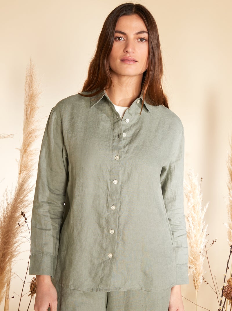 Chemise ample en lin à manches longues Kaki - Kiabi