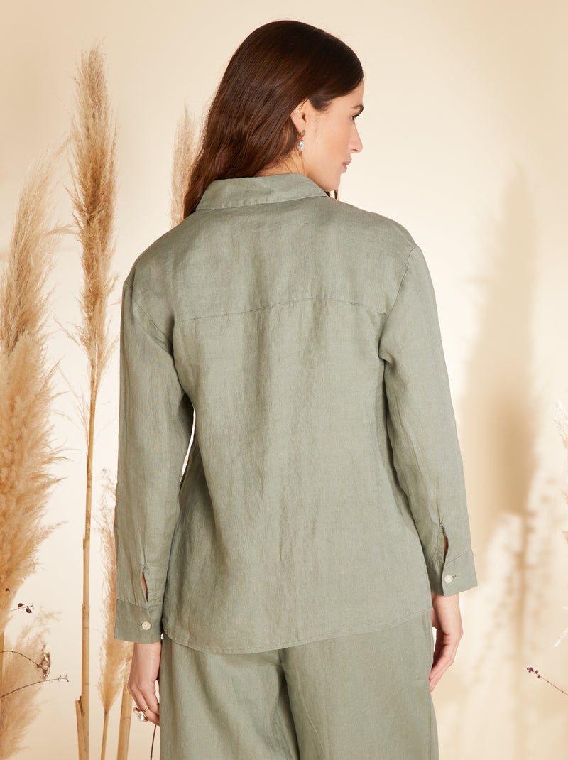 Chemise ample en lin à manches longues Kaki - Kiabi