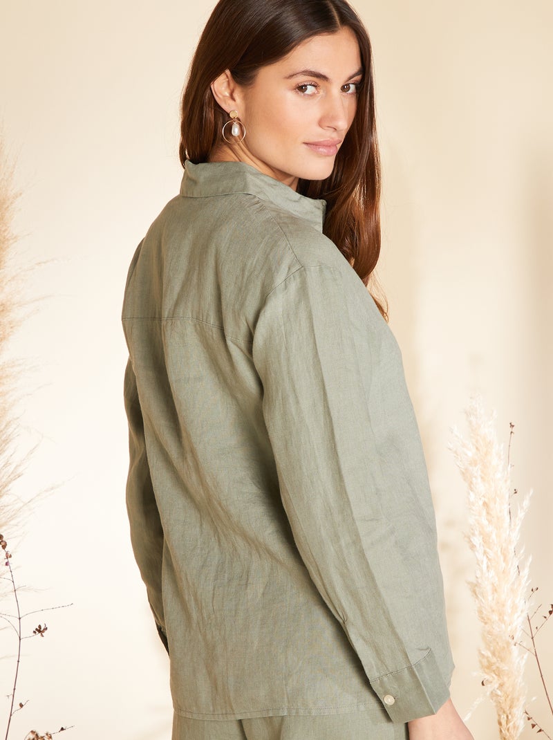 Chemise ample en lin à manches longues Kaki - Kiabi