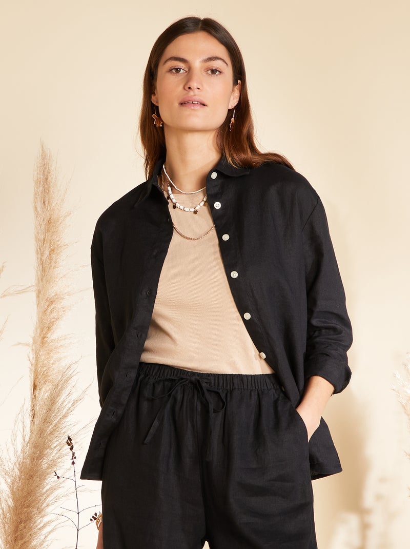 Chemise ample en lin à manches longues noir - Kiabi