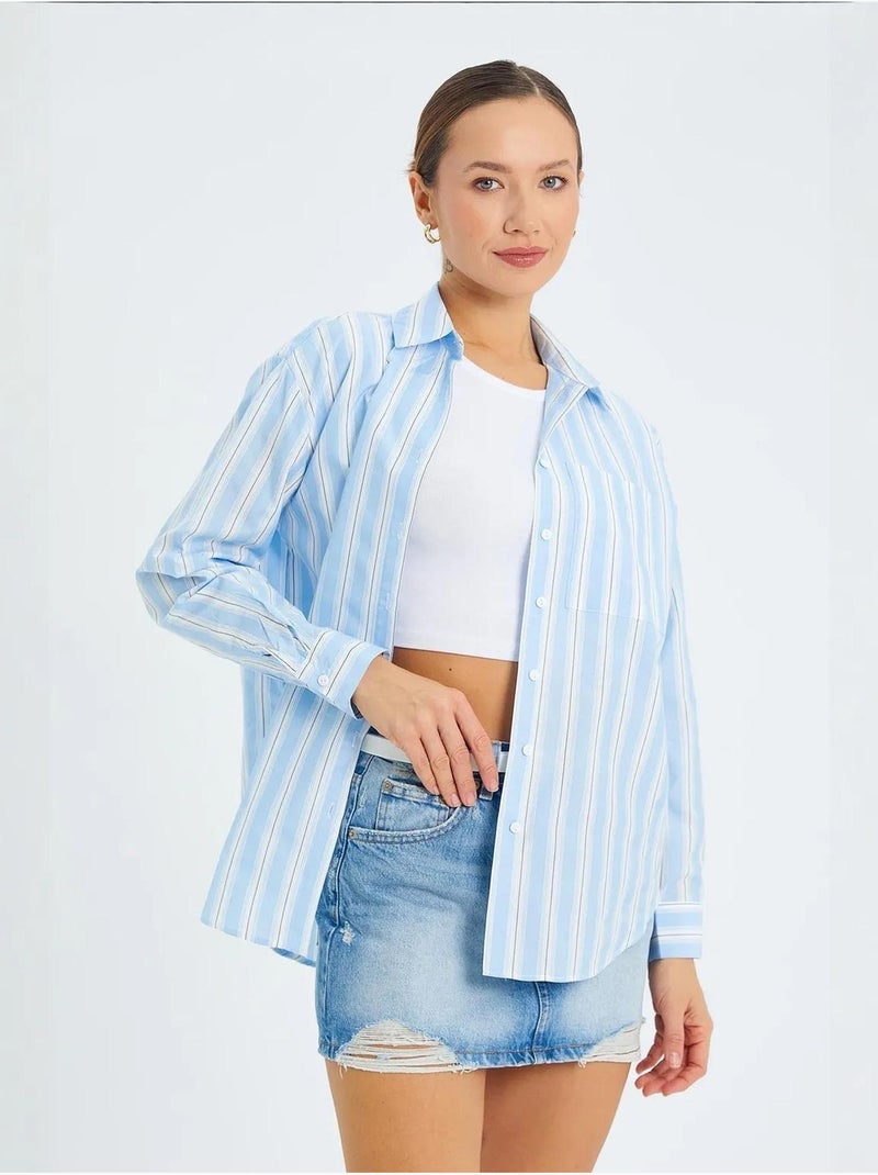 Chemise ample en popeline rayée avec fermeture à boutons mixray Bleu clair - Kiabi