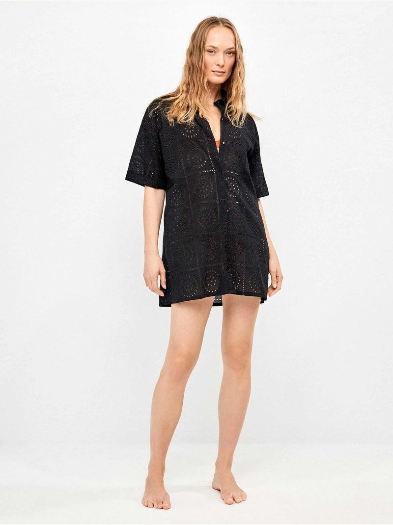 Chemise avec boutons et détails ajourés 100% coton Noir - Kiabi