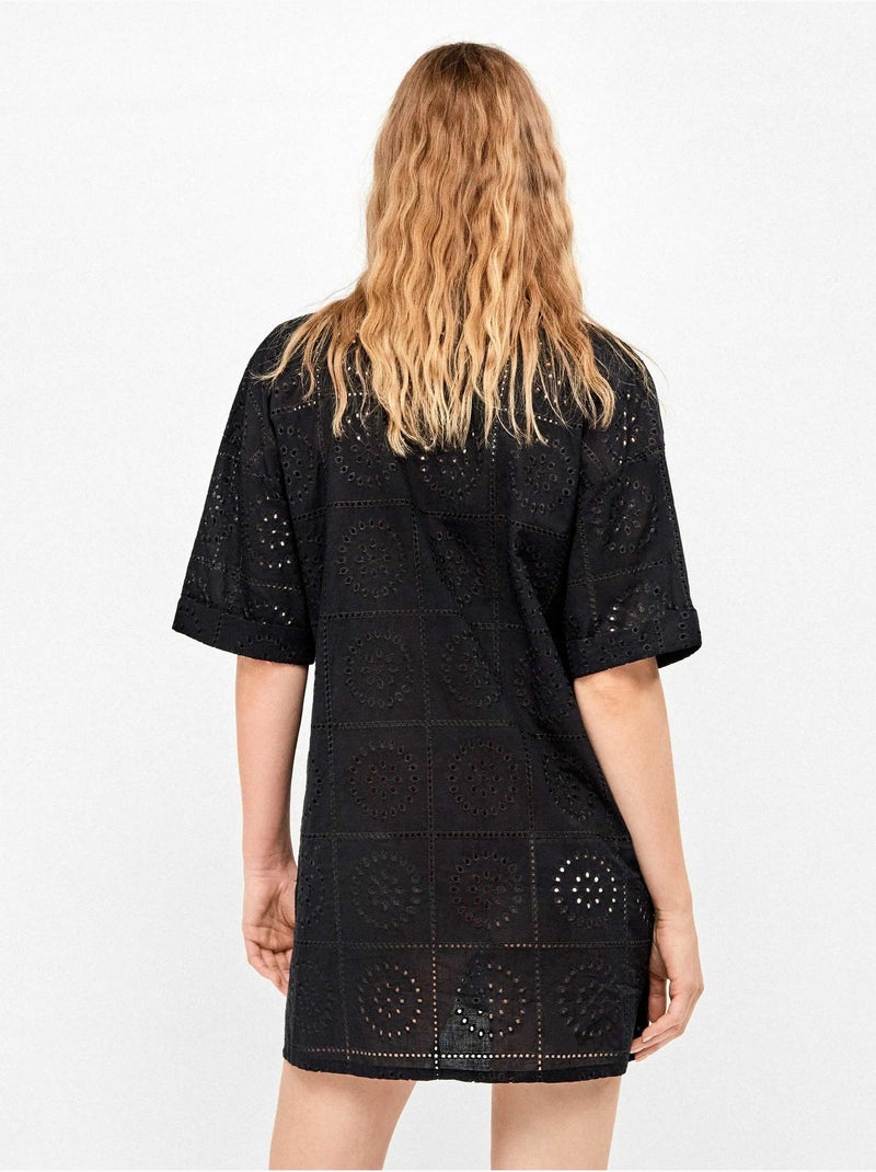 Chemise avec boutons et détails ajourés 100% coton Noir - Kiabi