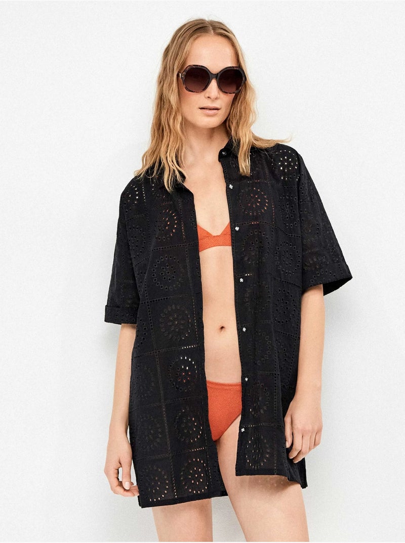 Chemise avec boutons et détails ajourés 100% coton Noir - Kiabi