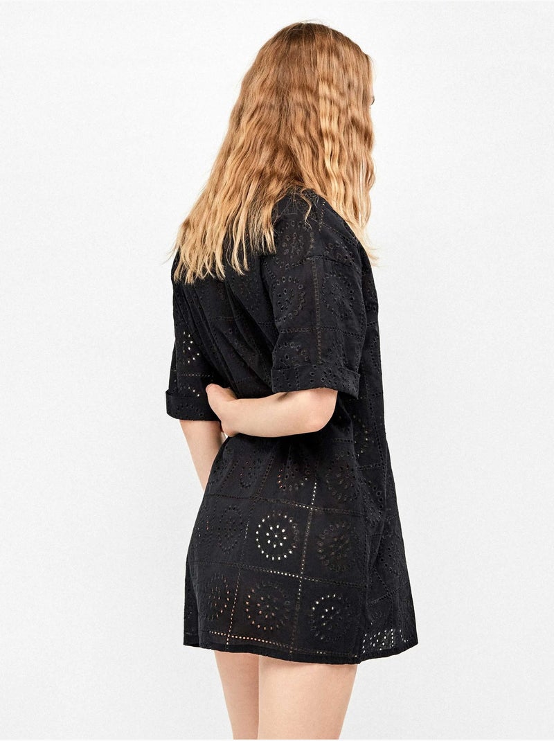 Chemise avec boutons et détails ajourés 100% coton Noir - Kiabi