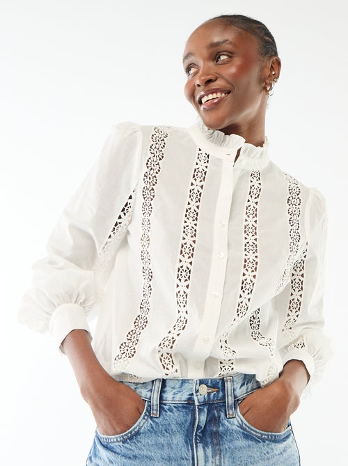 Chemise avec broderies anglaises et volants au col - Kiabi