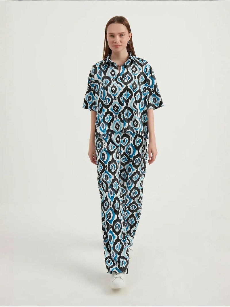 Chemise bohème décontractée à manches courtes en satin Bleu - Kiabi