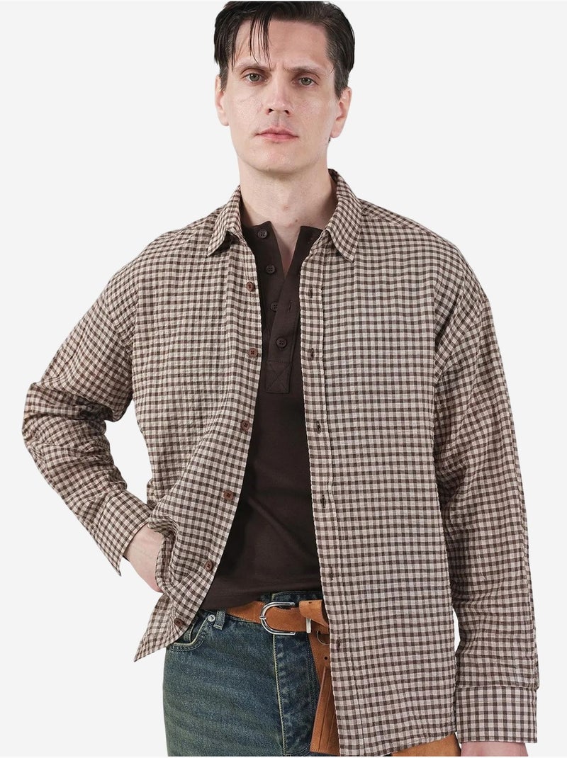 Chemise boutonnée à carreaux vichy oversize giesto Marron clair - Kiabi