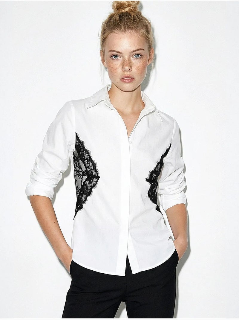Chemise boutonnée à détails en dentelle lucci Blanc - Kiabi