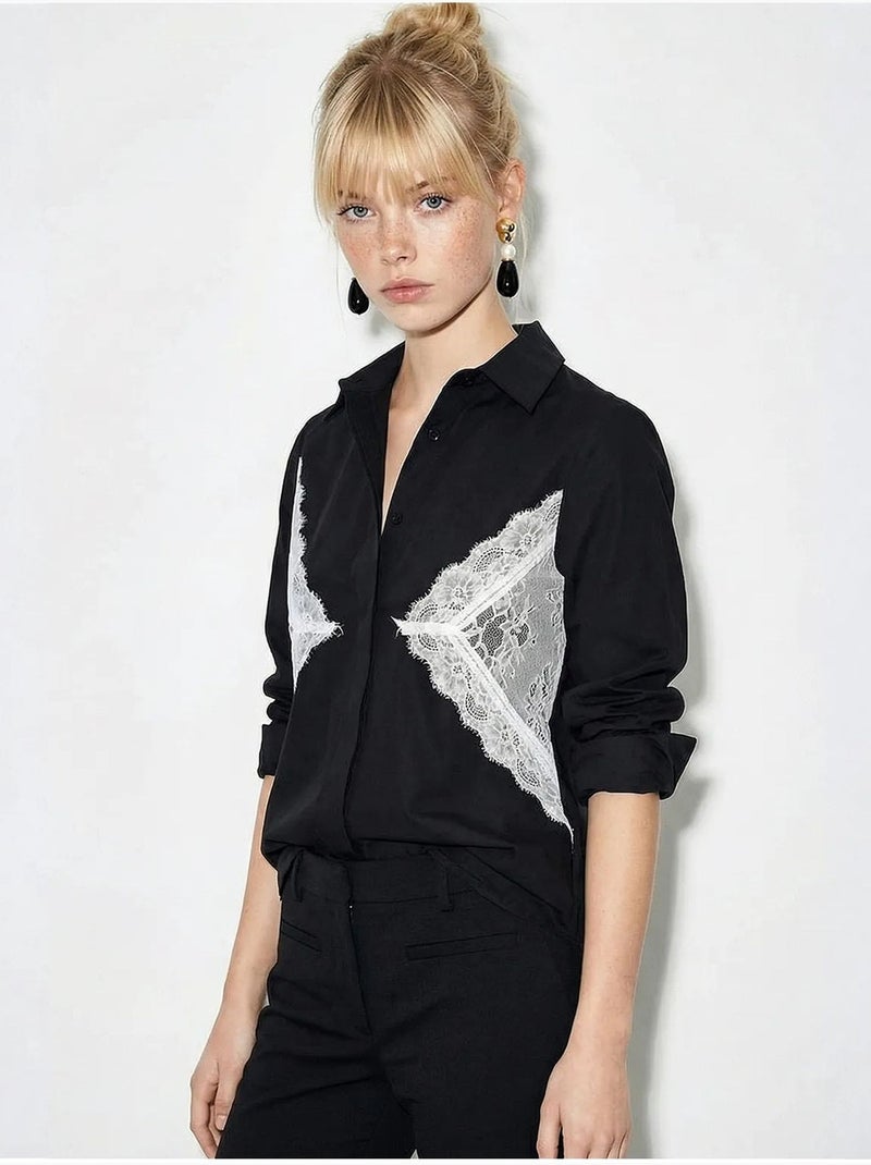 Chemise boutonnée à détails en dentelle lucci Noir - Kiabi