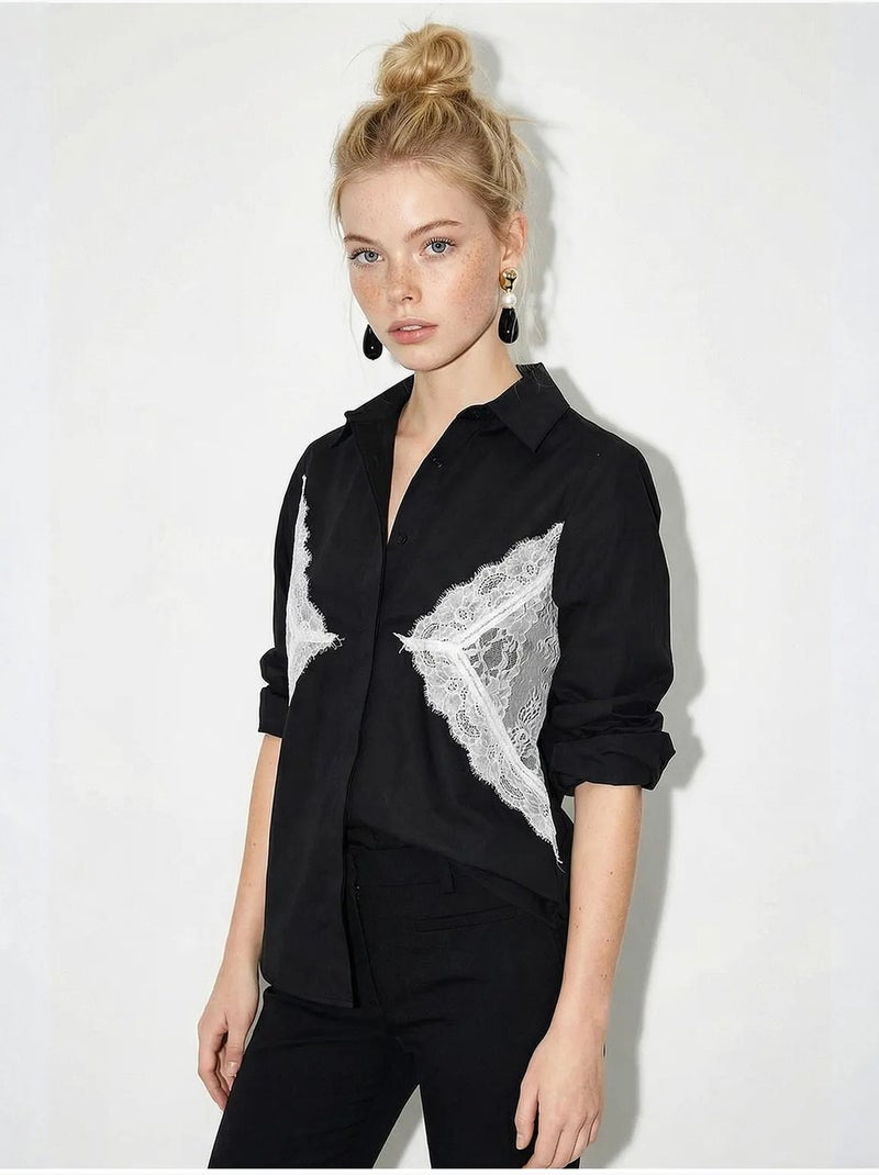 Chemise boutonnée à détails en dentelle lucci Noir - Kiabi