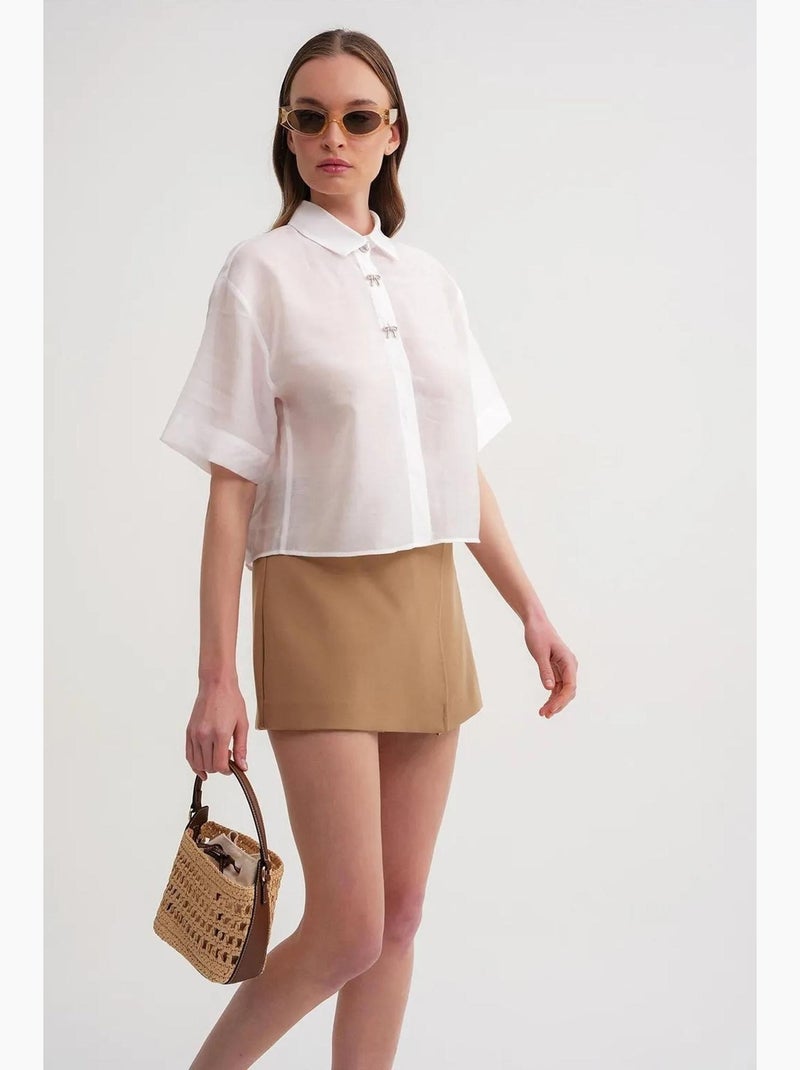 Chemise boutonnée à manches courtes avec accessoire en pierre mixray Ivoire - Kiabi