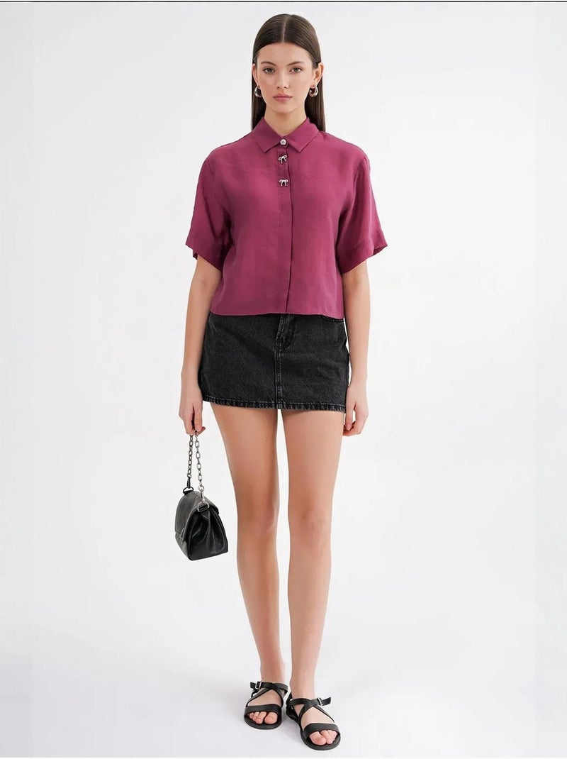 Chemise boutonnée à manches courtes avec accessoire en pierre mixray Magenta - Kiabi