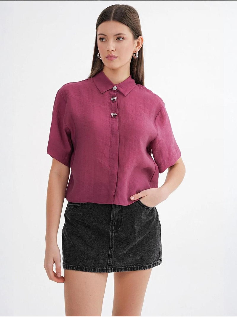 Chemise boutonnée à manches courtes avec accessoire en pierre mixray Magenta - Kiabi