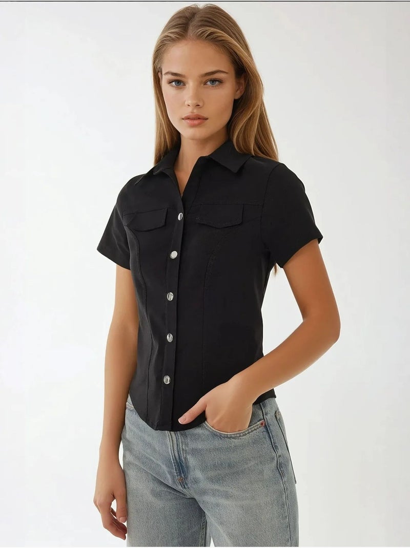 Chemise boutonnée à manches courtes coupe classique Noir - Kiabi