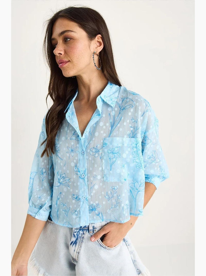 Chemise boutonnée à manches courtes en jacquard floral avec poche lucci Bleu ciel - Kiabi