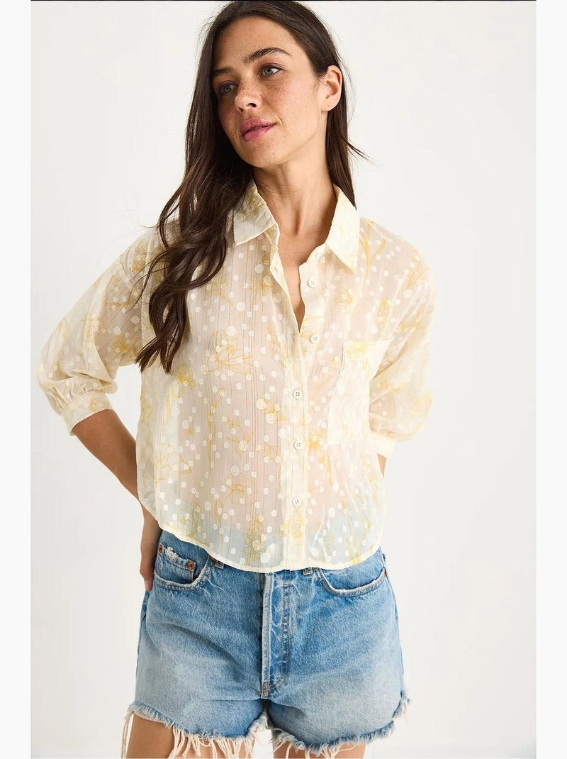 Chemise boutonnée à manches courtes en jacquard floral avec poche lucci Jaune citron - Kiabi