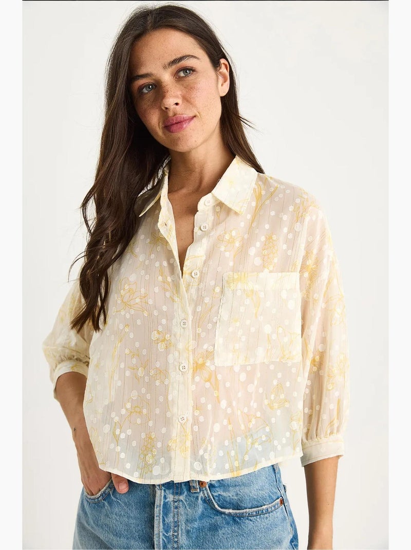 Chemise boutonnée à manches courtes en jacquard floral avec poche lucci Jaune citron - Kiabi