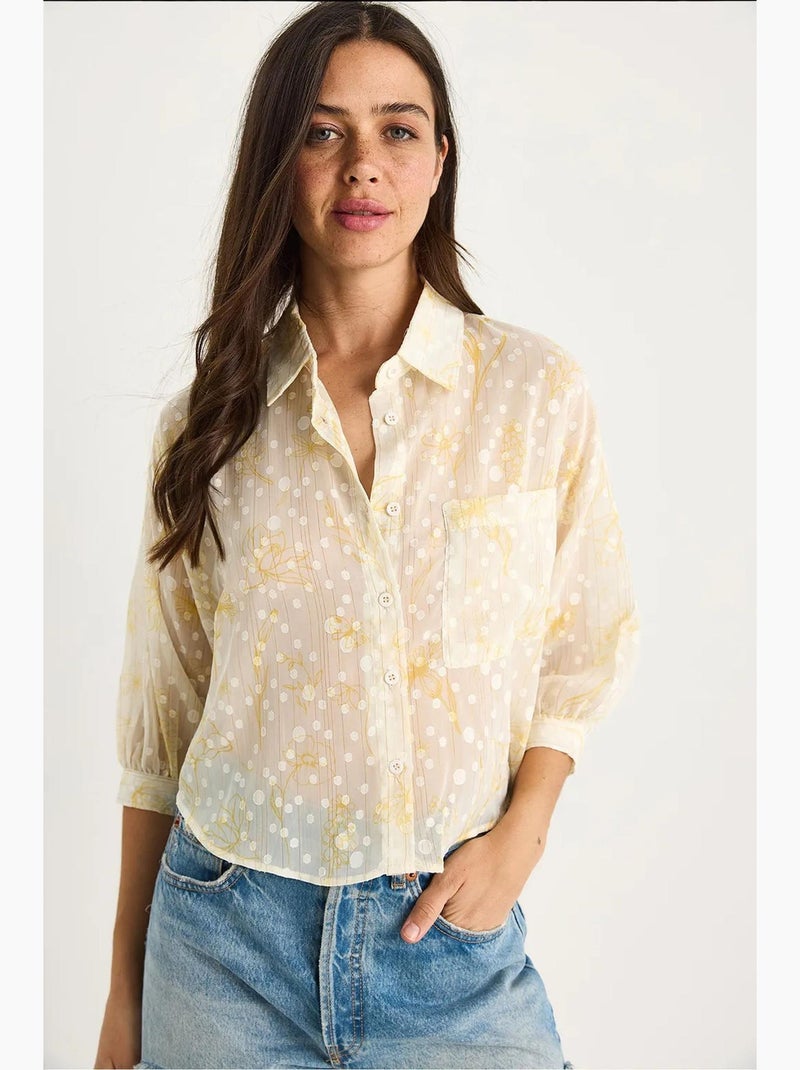 Chemise boutonnée à manches courtes en jacquard floral avec poche lucci Jaune citron - Kiabi
