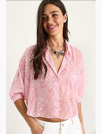 Chemise boutonnée à manches courtes en jacquard floral avec poche lucci