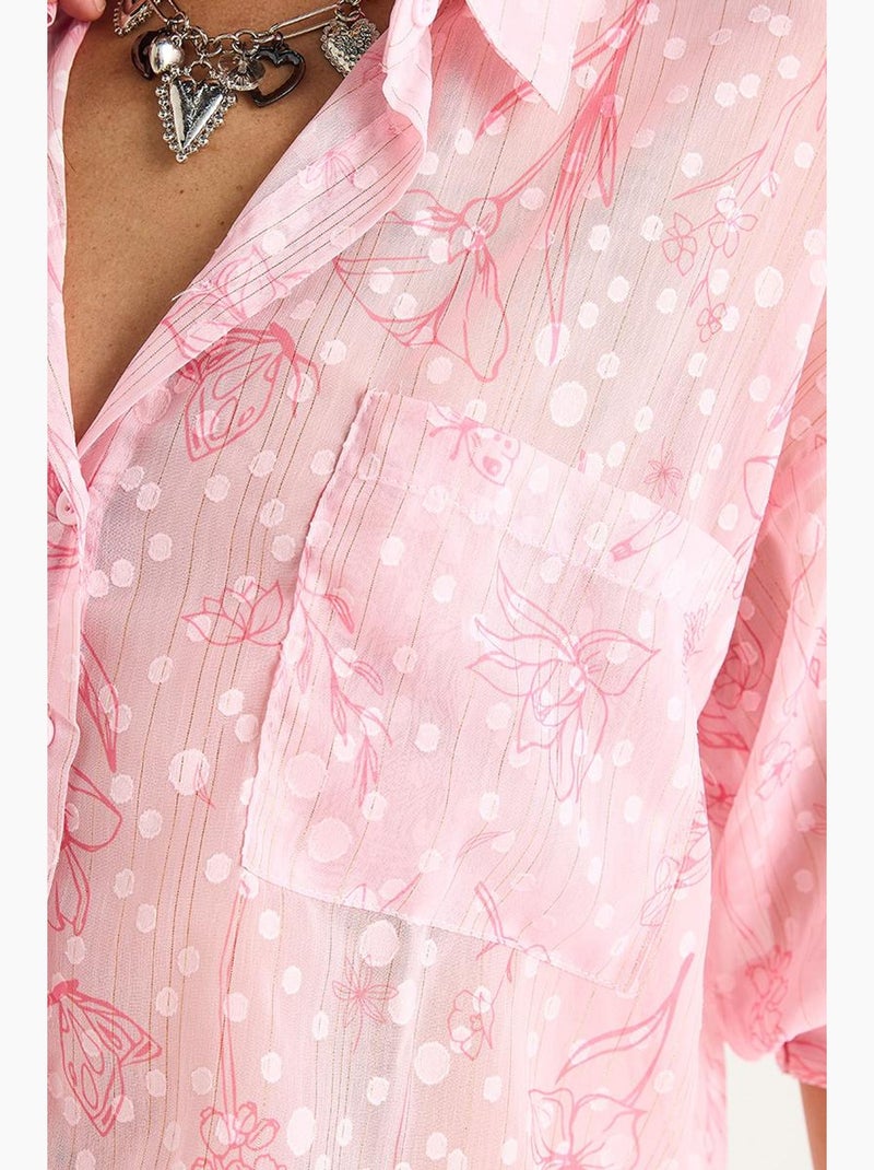 Chemise boutonnée à manches courtes en jacquard floral avec poche lucci Rose clair - Kiabi