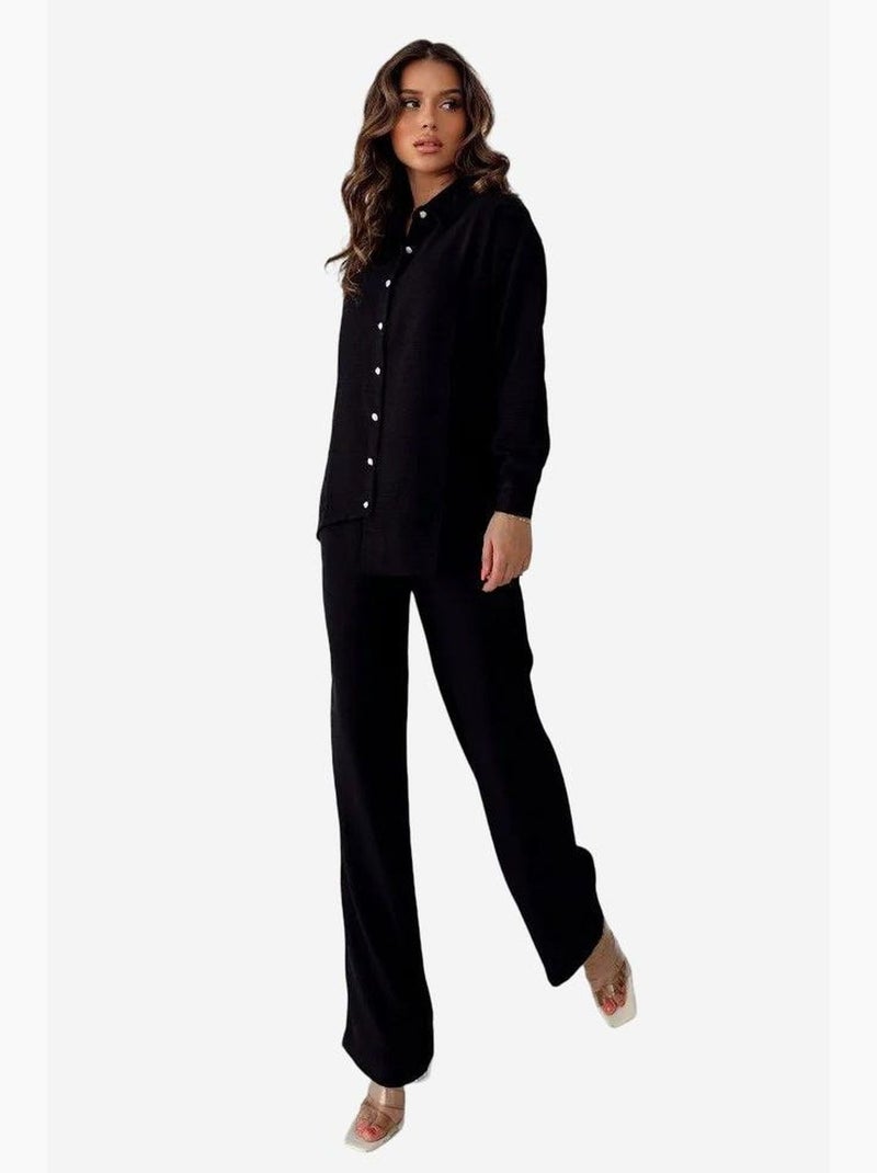 Chemise boutonnée à manches longues avec col chemise my fashion Noir - Kiabi