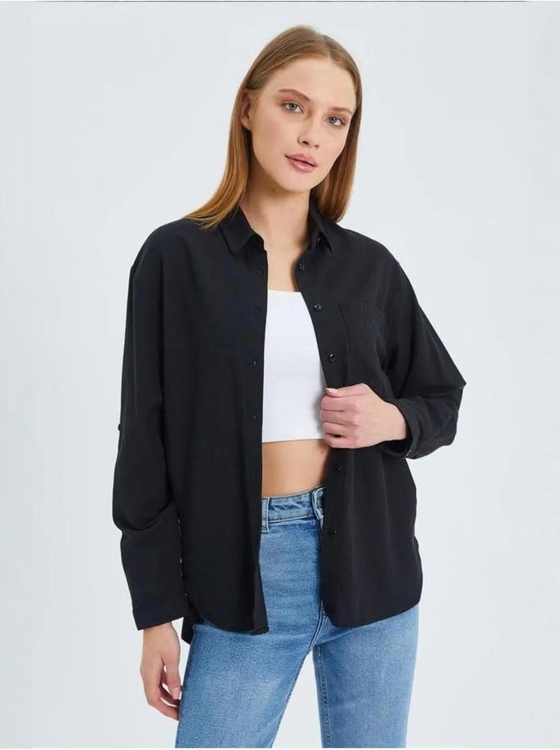 Chemise boutonnée à manches longues avec poche mixray Noir - Kiabi