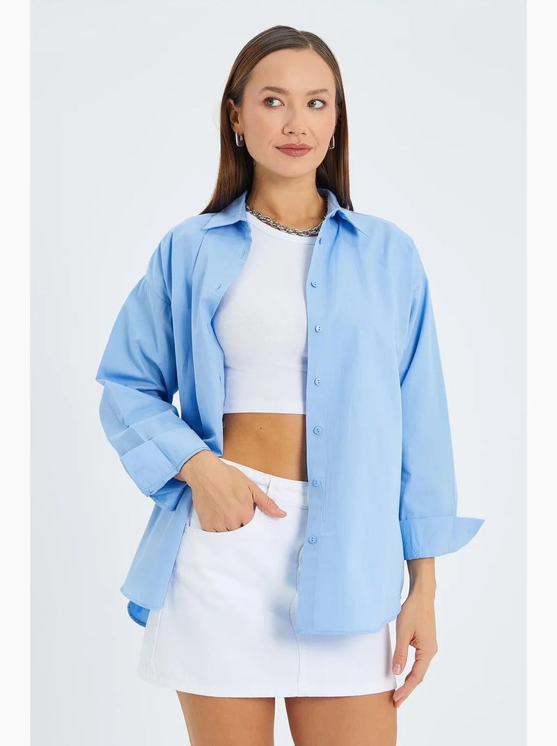 Chemise boutonnée à manches longues en coton mixray Bleu ciel - Kiabi