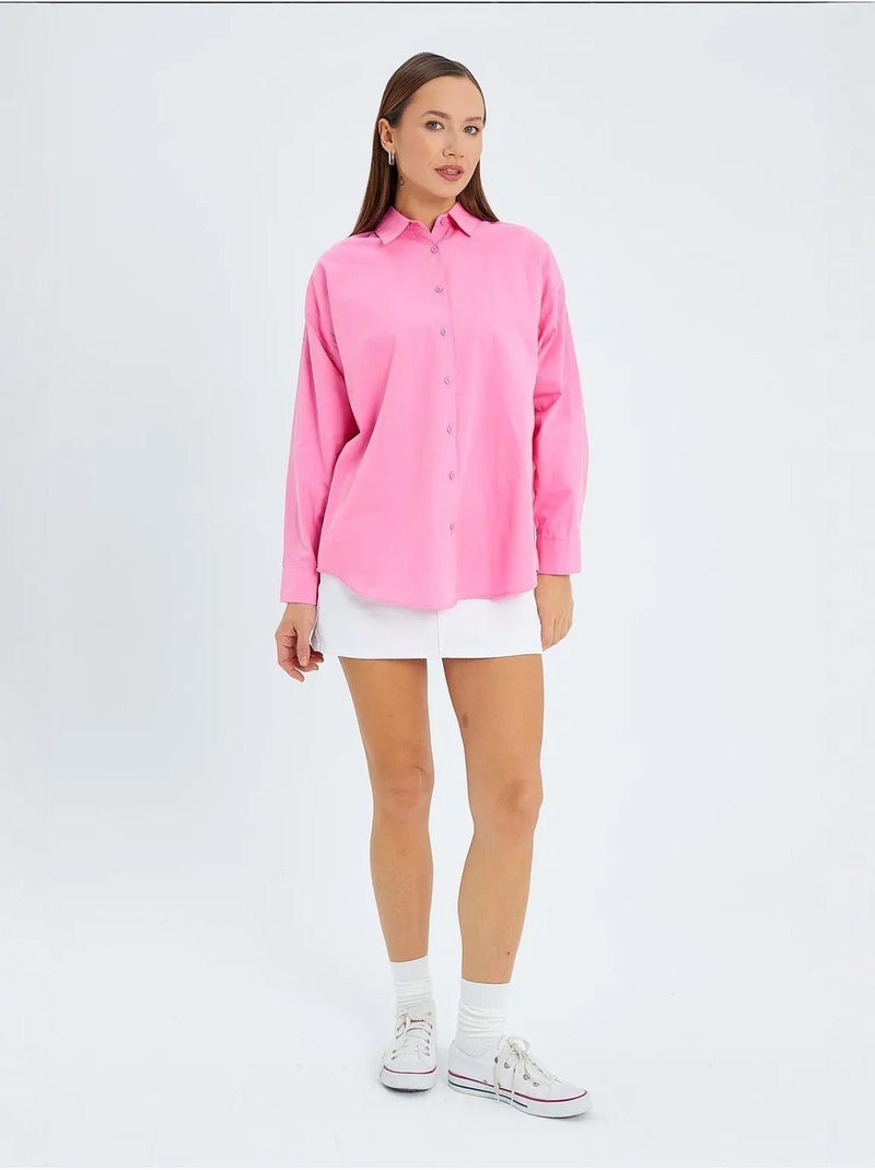 Chemise boutonnée à manches longues en coton mixray Rose fluo/Solinotes - Kiabi