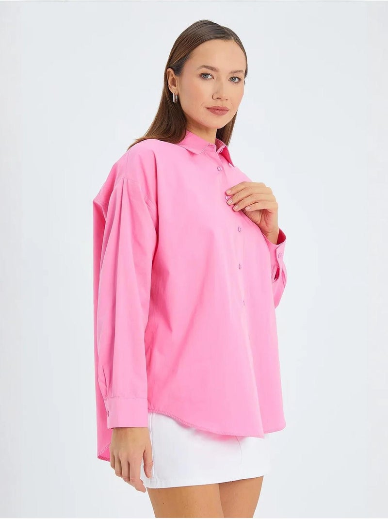 Chemise boutonnée à manches longues en coton mixray Rose fluo/Solinotes - Kiabi