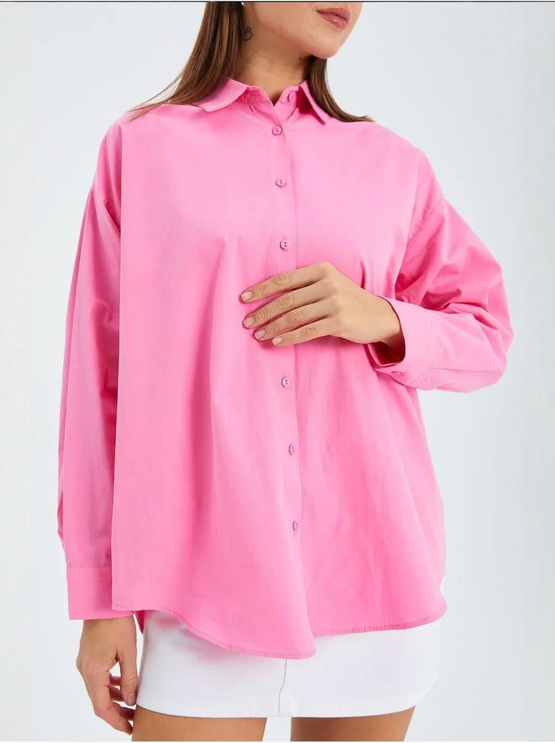 Chemise boutonnée à manches longues en coton mixray Rose fluo/Solinotes - Kiabi