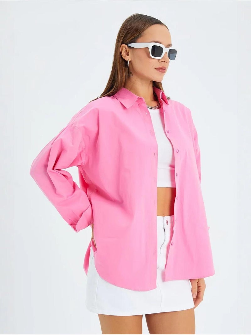 Chemise boutonnée à manches longues en coton mixray Rose fluo/Solinotes - Kiabi