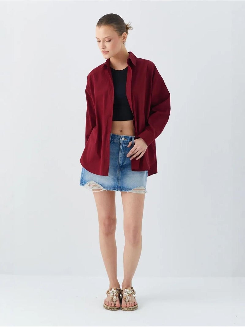 Chemise boutonnée à manches longues en coton mixray Rouge bordeaux - Kiabi