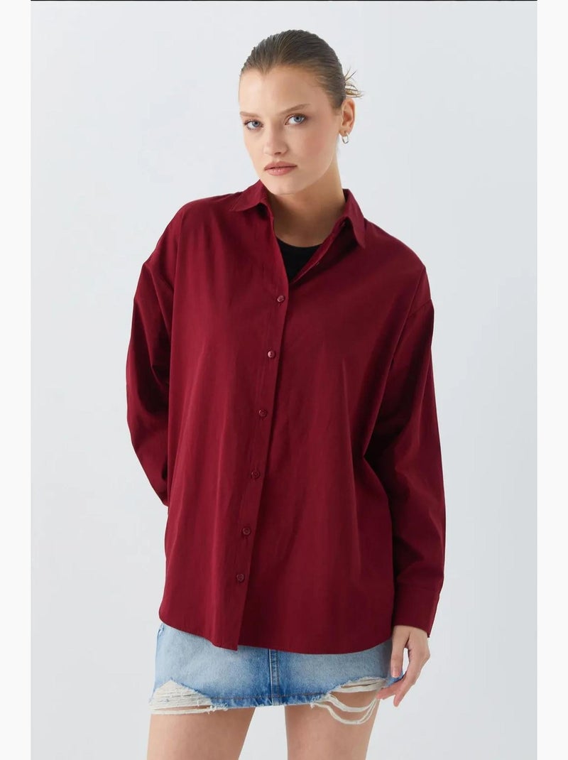 Chemise boutonnée à manches longues en coton mixray Rouge bordeaux - Kiabi