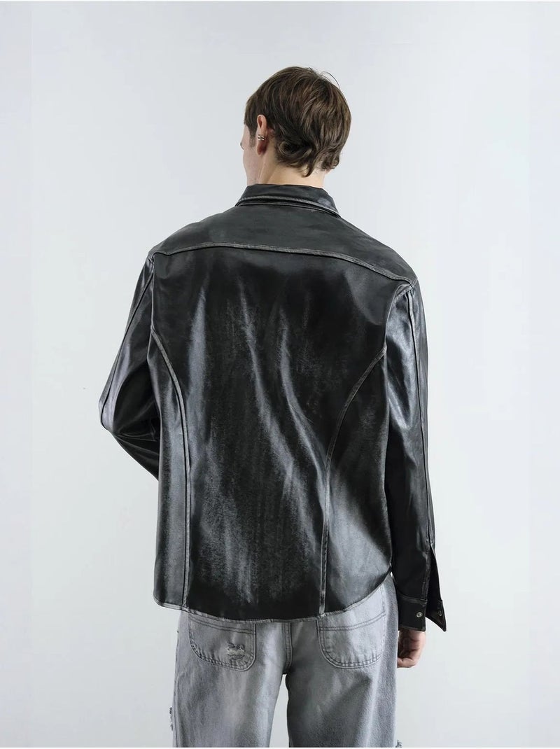 Chemise boutonnée à manches longues en similicuir giesto Gris Noir - Kiabi