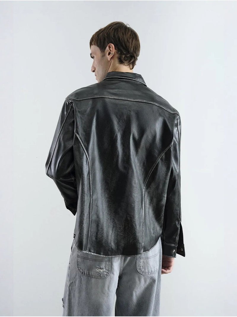 Chemise boutonnée à manches longues en similicuir giesto Gris Noir - Kiabi