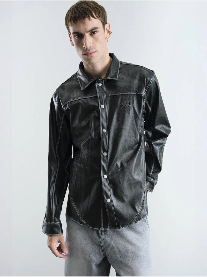 Chemise boutonnée à manches longues en similicuir giesto Gris Noir - Kiabi