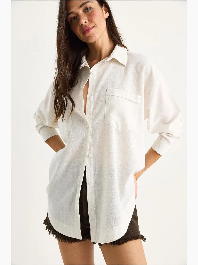 Chemise boutonnée à manches longues et à motifs avec poche lucci Ivoire - Kiabi