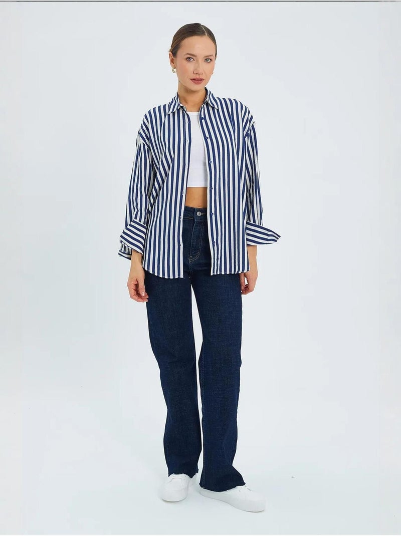 Chemise boutonnée à manches longues rayée mixray Bleu marine - Kiabi