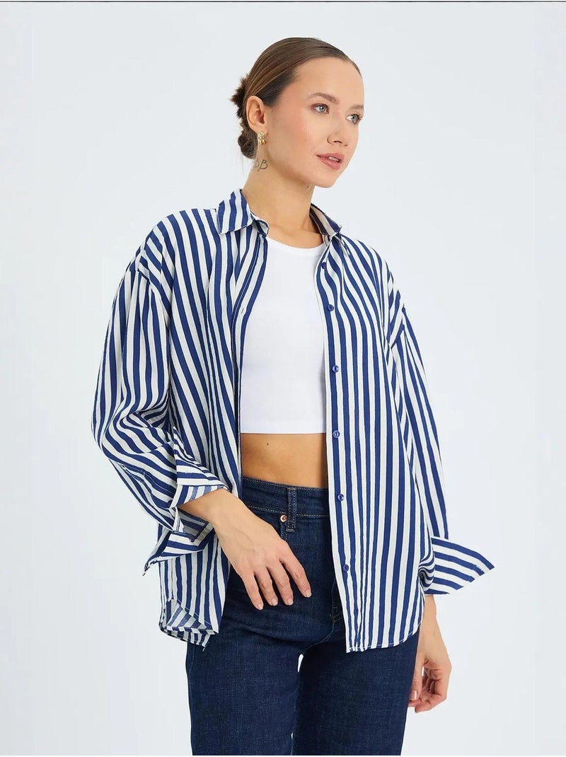 Chemise boutonnée à manches longues rayée mixray Bleu marine - Kiabi