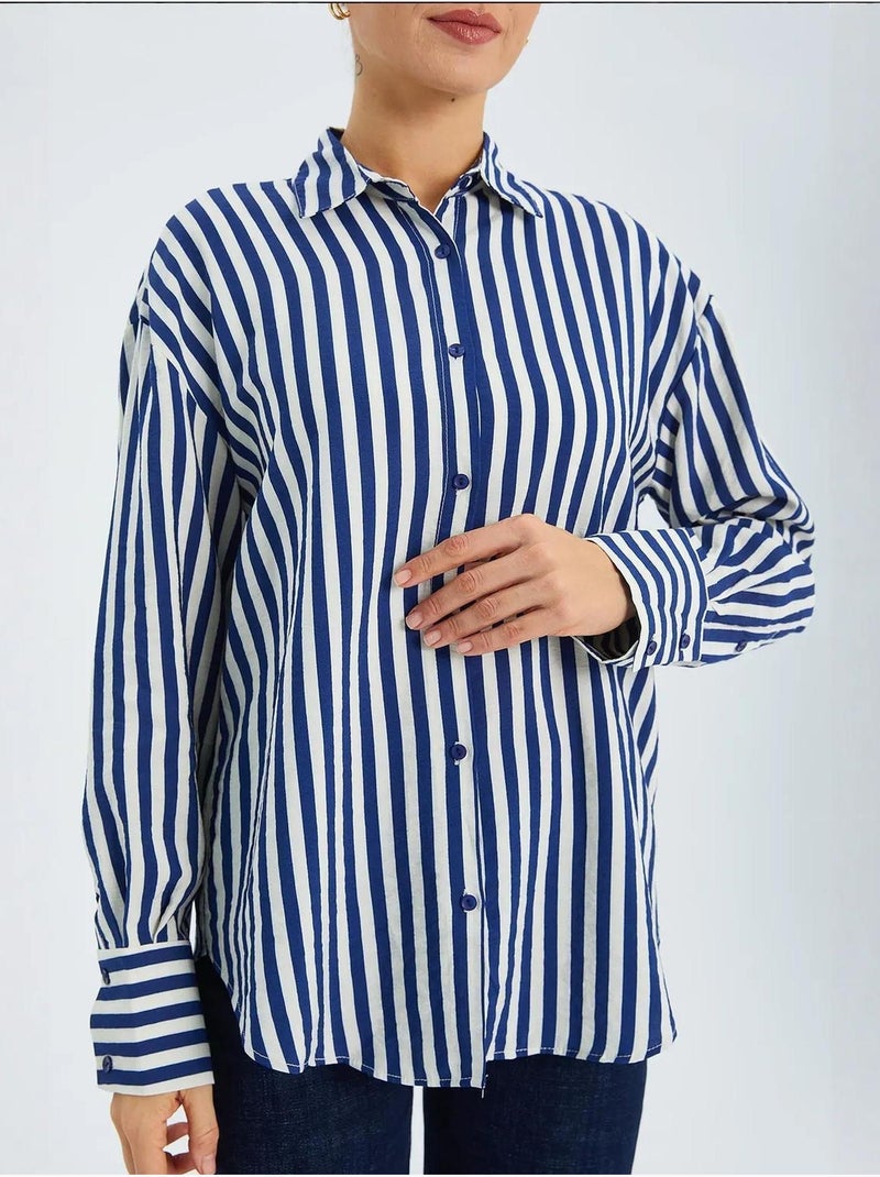 Chemise boutonnée à manches longues rayée mixray Bleu marine - Kiabi