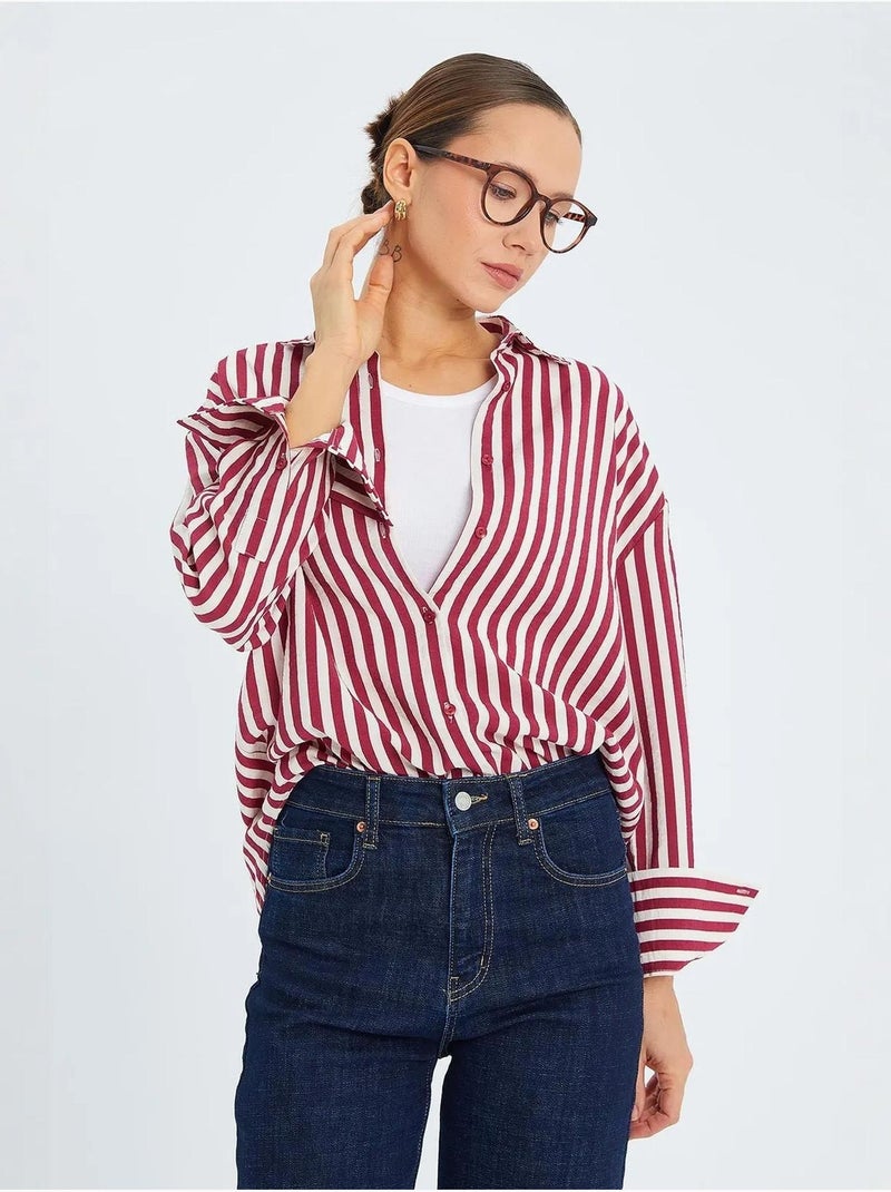 Chemise boutonnée à manches longues rayée mixray Rouge bordeaux - Kiabi