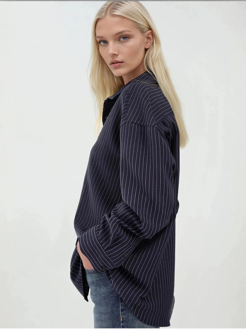 Chemise boutonnée à rayures avec col chemise Bleu marine - Kiabi