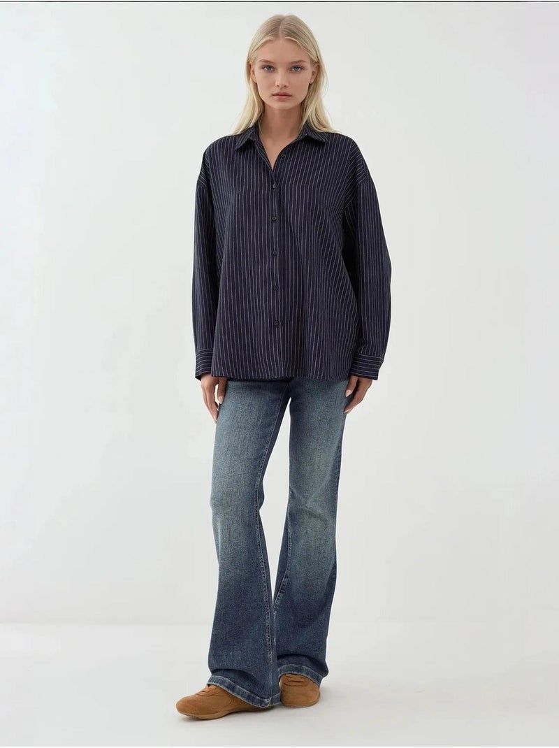 Chemise boutonnée à rayures avec col chemise Bleu marine - Kiabi