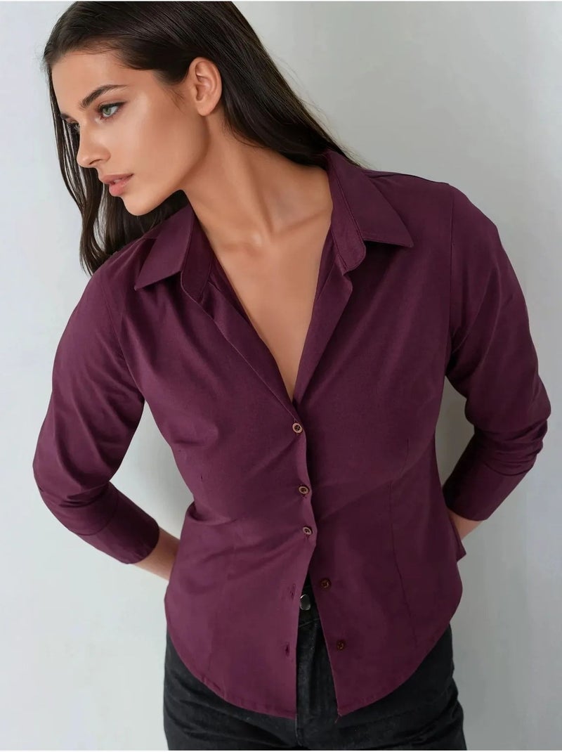 Chemise boutonnée élégante à manches longues Rouge bordeaux - Kiabi