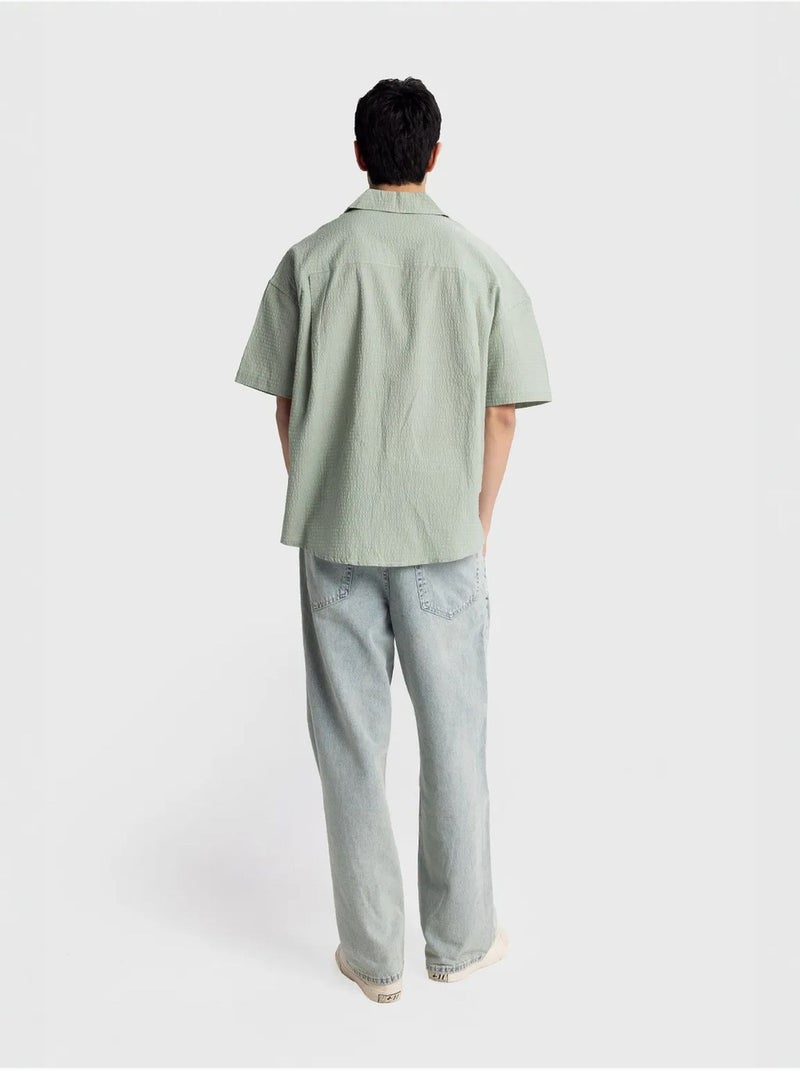 Chemise boutonnée en coton texturé avec poche giesto Vert menthe - Kiabi
